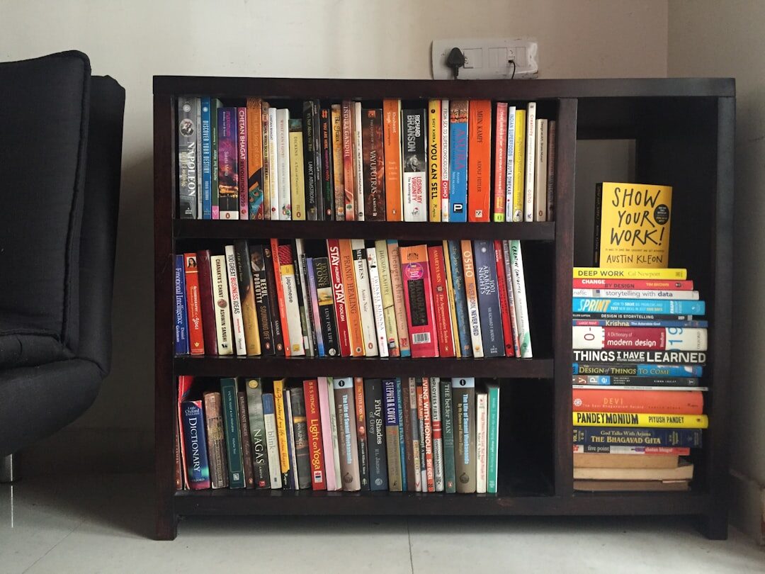 bookshelf with mystery novels